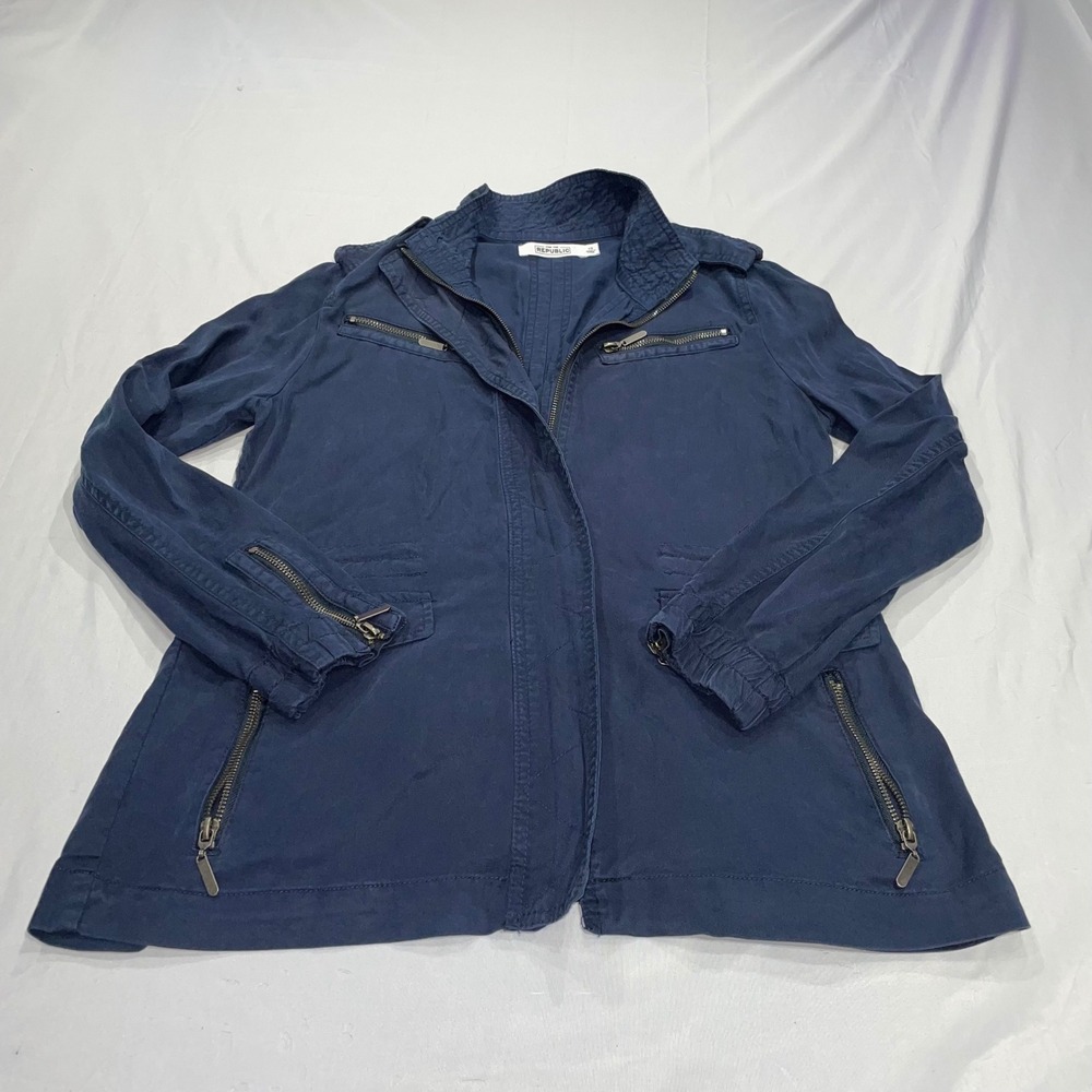 For the Republic Navy Blue Lyocell Utility Jacket Womens XS Full Zip Field Coat